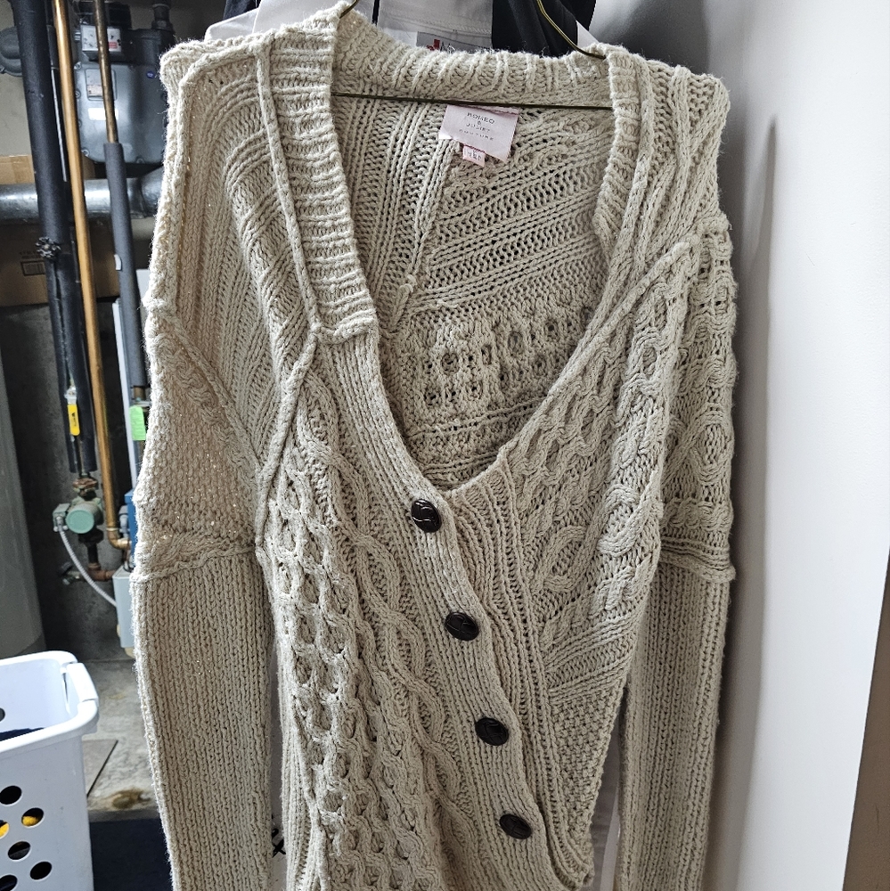 Romeo & Juliet Couture- asymmetrical cream button down knit sweater- size medium